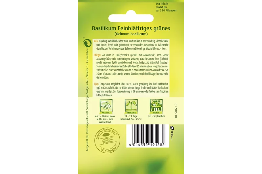 Garten-Basilikum-Samen 'Feinblättriges Grünes' Packungsinhalt reicht für ca. 350 Pflanzen