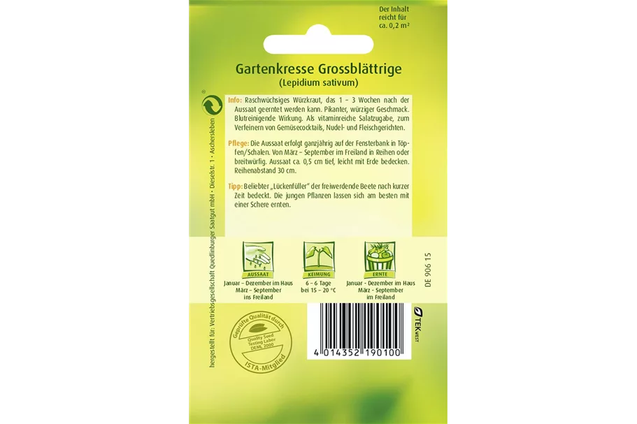 Gartenkressesamen 'Großblättrige' Packungsinhalt reicht für ca. 0,2 qm