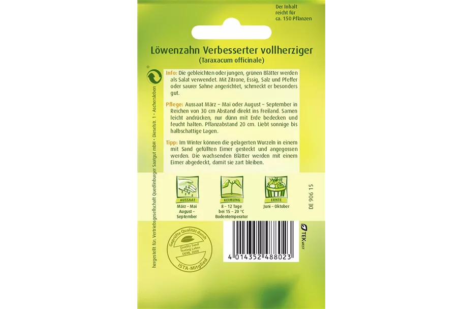 Löwenzahnsamen 'Verbesserter Vollherziger' Packungsinhalt reicht für ca. 150 Pflanzen