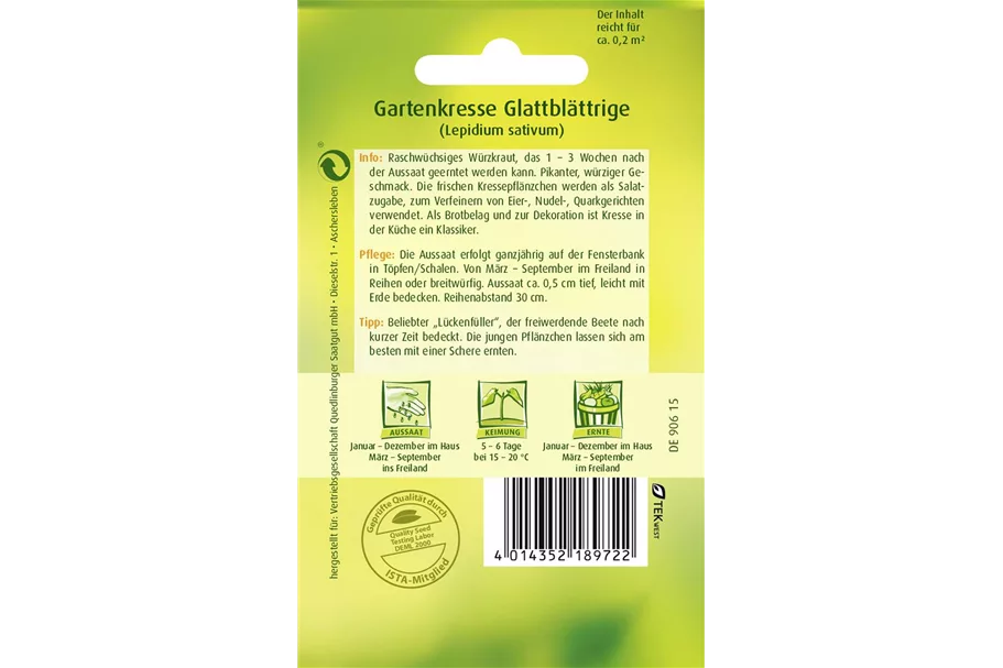 Glattblättrige Gartenkresse-Samen Packungsinhalt reicht für ca. 0,2 qm