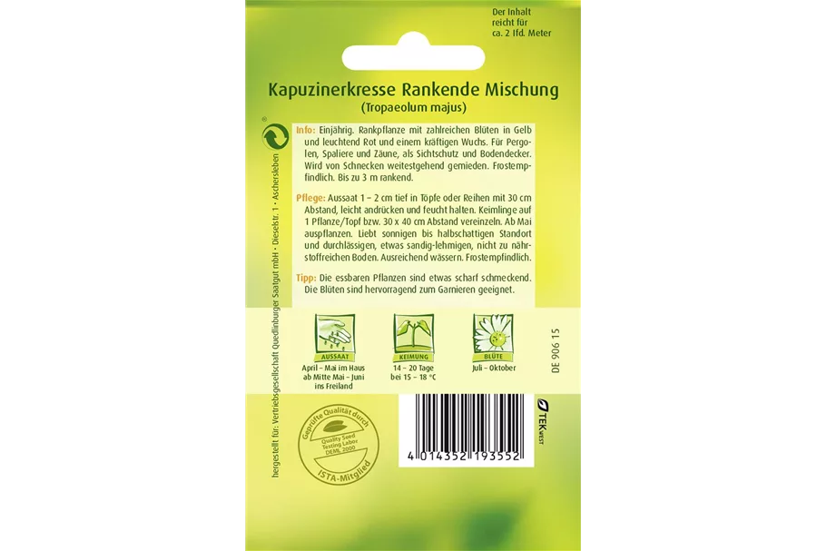 Kapuzinerkressesamen 'Rankende Mischung' Packungsinhalt reicht für ca. 2 lfd. Meter