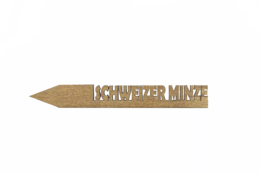 Holzetikett 'SCHWEIZER MINZE' SCHWEIZER MINZE