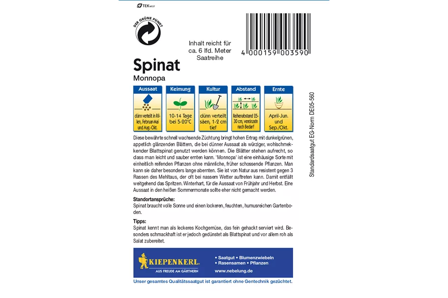 Echter Spinat 'Monnopa' ca. 6 lfd. Meter
