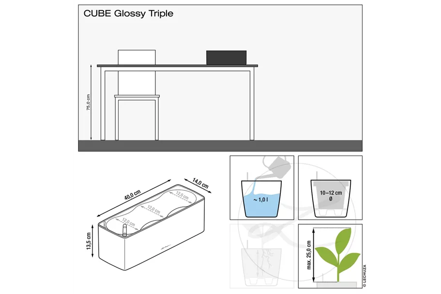 LECHUZA CUBE Glossy Triple 14 x 40 x 13,5 cm in weiß highgloss