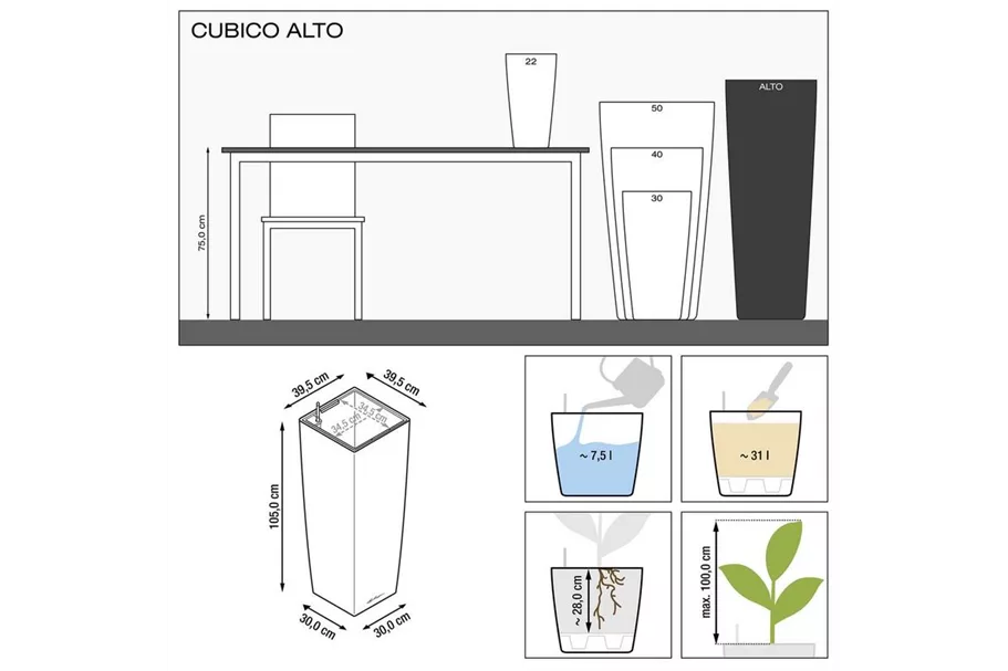 LECHUZA CUBICO Alto Premium 39,5 x 39,5 x 105 cm in weiß hochglanz