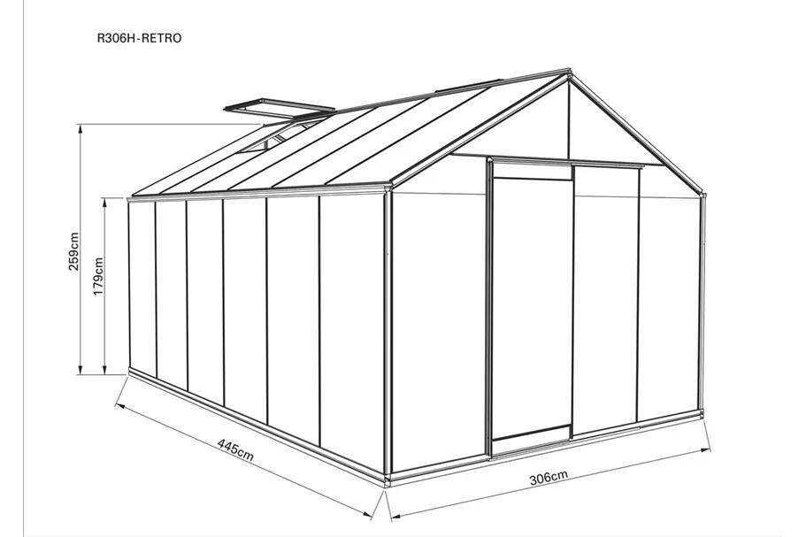 Aktions-Gewächshaus R306 ALU Aktion R306 ALU, Länge 4,45 m, 2 Fenster, 13,62 m²