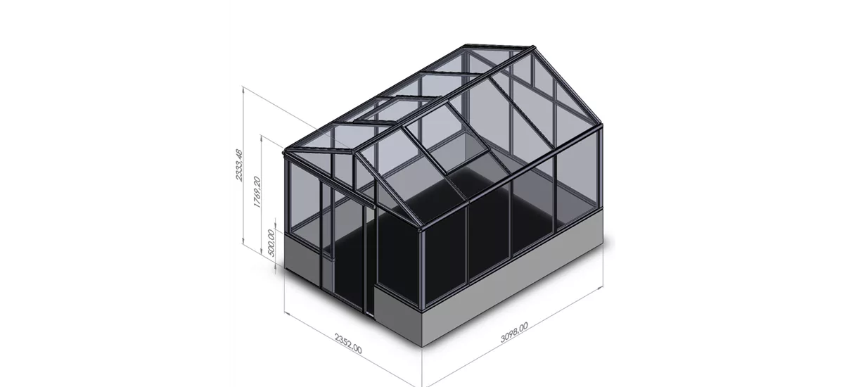 Gewächshaus Classic Midi - auf Mauer XS* Länge 1,60 m, 2 Scheiben, 3,77 m², 1 Dachfenster