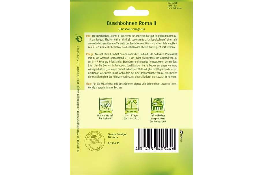 Buschbohnensamen 'Roma II' Packungsinhalt reicht für ca. 6 lfd. Meter