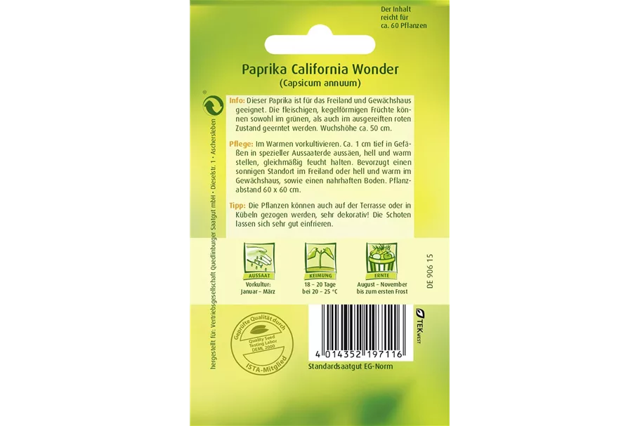 Paprikasamen 'Californian Wonder' Packungsinhalt reicht für ca. 60 Pflanzen