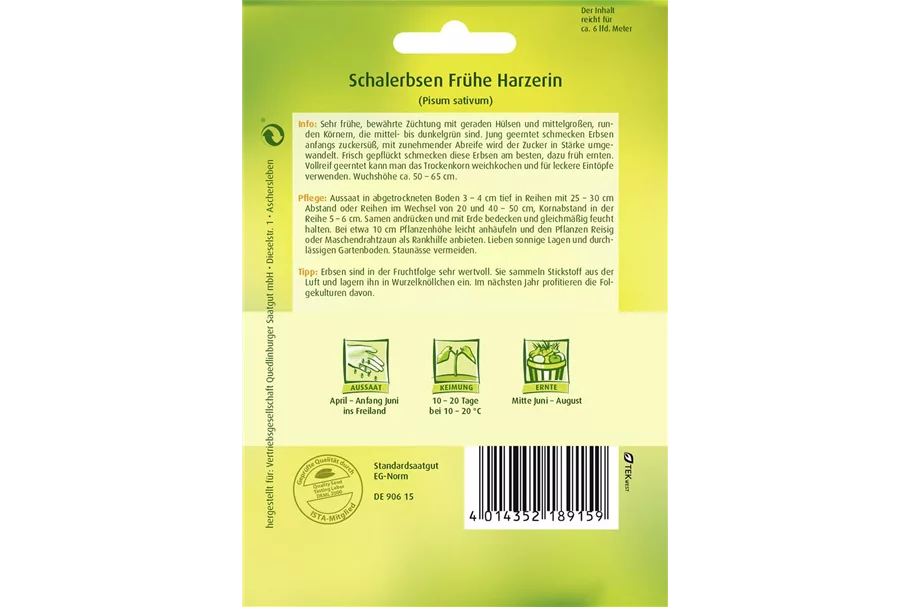 Schalerbsensamen 'Frühe Harzerin' Packungsinhalt reicht für ca. 6 lfd. Meter