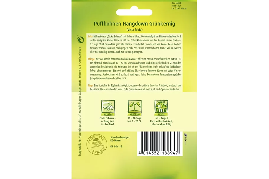 Puffbohnensamen 'Hangdown Grünkernig' Packungsinhalt reicht für ca. 3 lfd. Meter