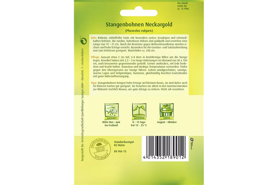 Stangenbohnensamen 'Neckargold' Packungsinhalt reicht für ca. 120 Pflanzen