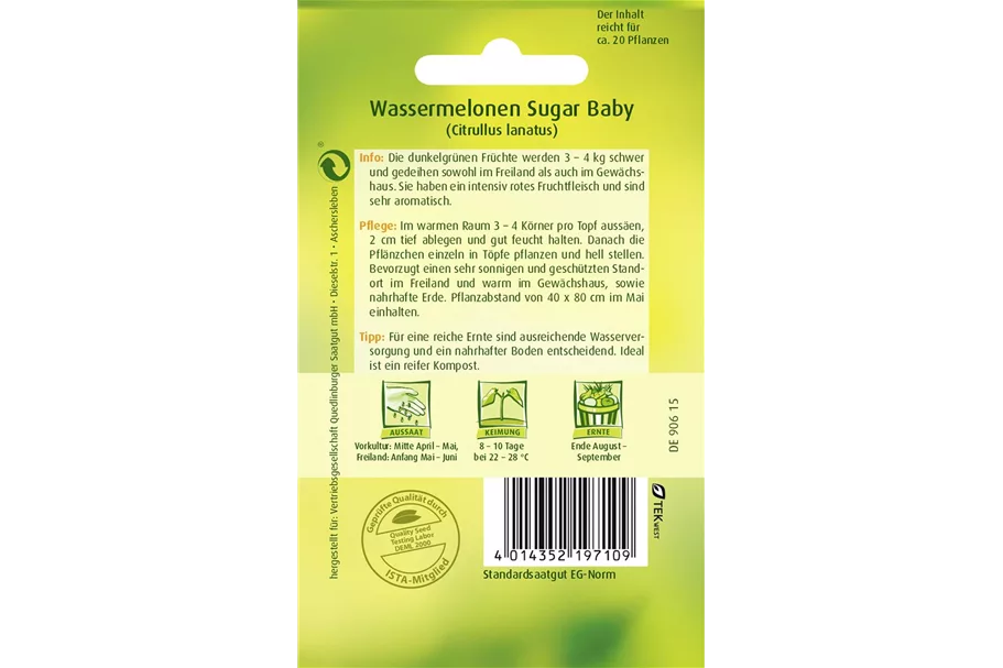 Wassermelonensamen 'Sugar Baby' Packungsinhalt reicht für ca. 20 Pflanzen